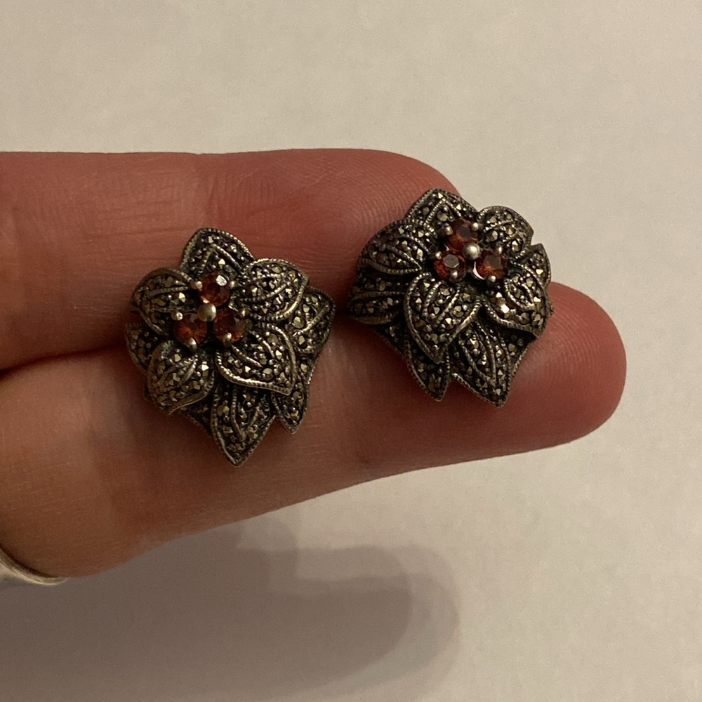 Sterling Blooming flower earrings w/ Rubies & Marcasites